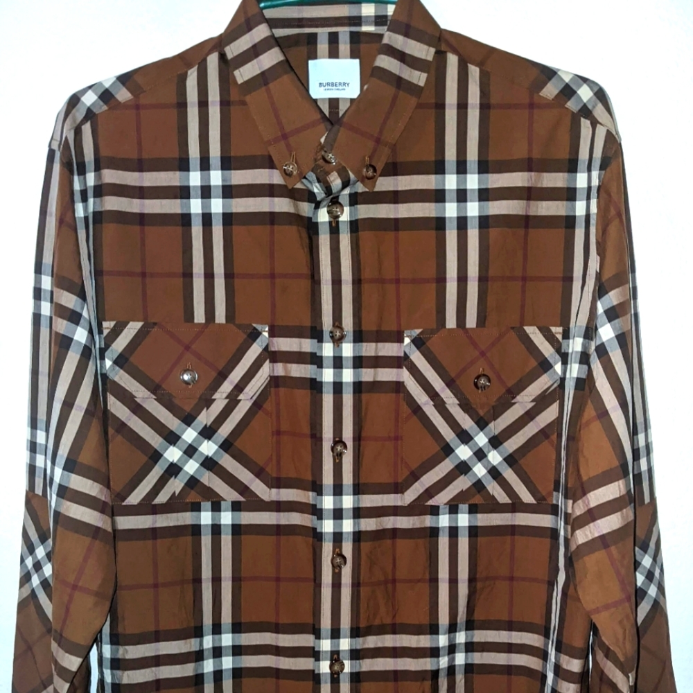 Mens Burberry Brown Coulsdon Check Poplin Button-Down sz Medium